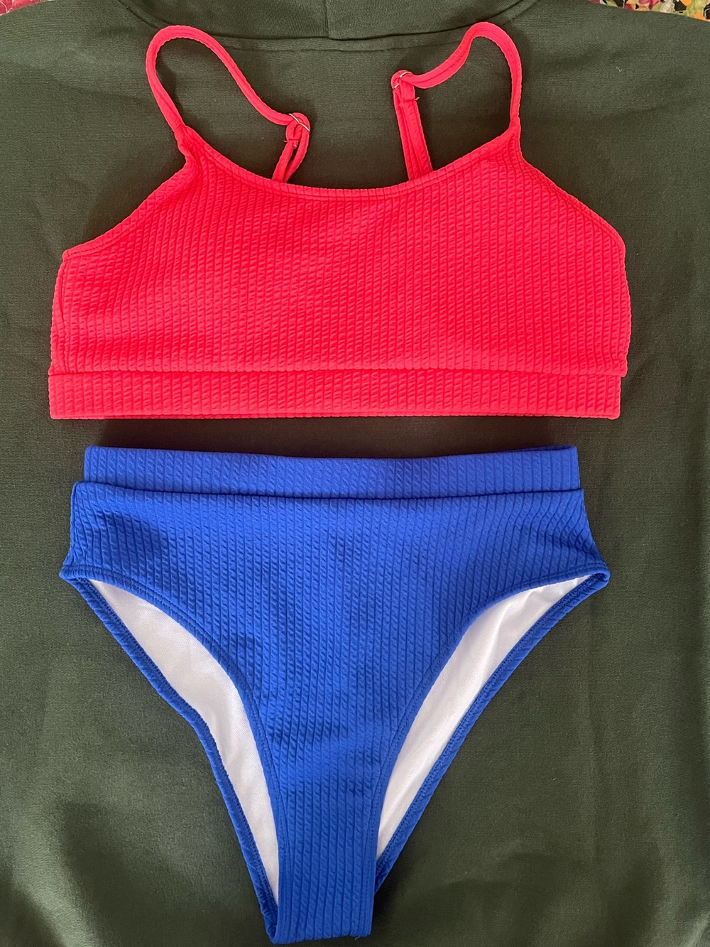 Bright Pink Ribbed Bikini Top & Royal Blue High-Waist Bottoms